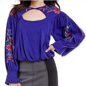 Free People Lita embroidered cutout long sleeve top size m
